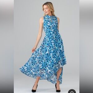 Joseph Ribkoff Dress Blue Geometric Sleeveless Size 12 Tie Collar